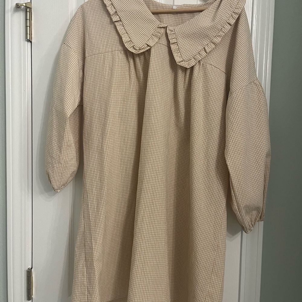 Plaid Beige Dress with Ruffled Collar